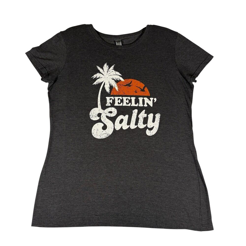 Instant Message “Feelin’ Salty” Graphic Tee Women’s Large Dark Gray Beach Shirt